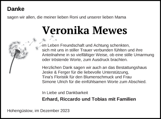 Traueranzeige von Veronika Mewes von Prenzlauer Zeitung