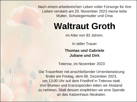 Traueranzeige von Waltraut Groth von Mecklenburger Schweiz