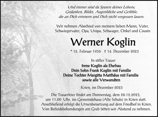 Traueranzeige von Werner Koglin von Vorpommern Kurier