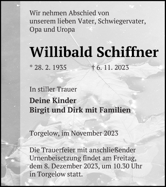 Traueranzeige von Willibald Schiffner von Haff-Zeitung