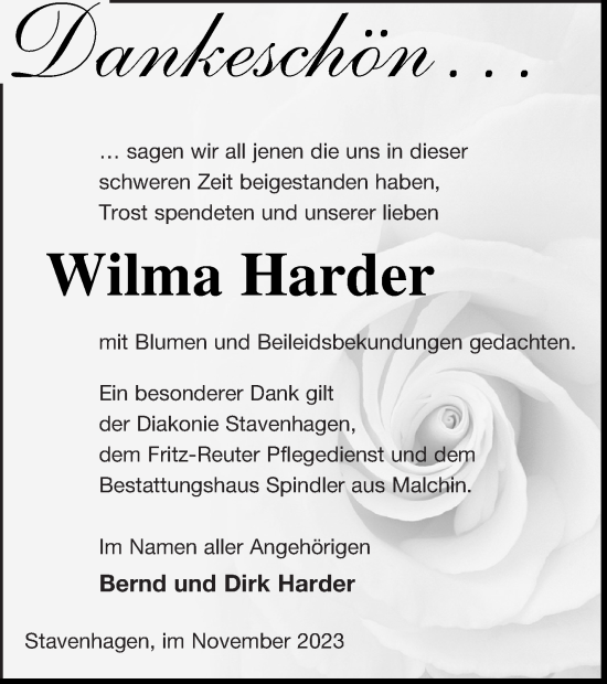 Traueranzeige von Wilma Harder von Mecklenburger Schweiz