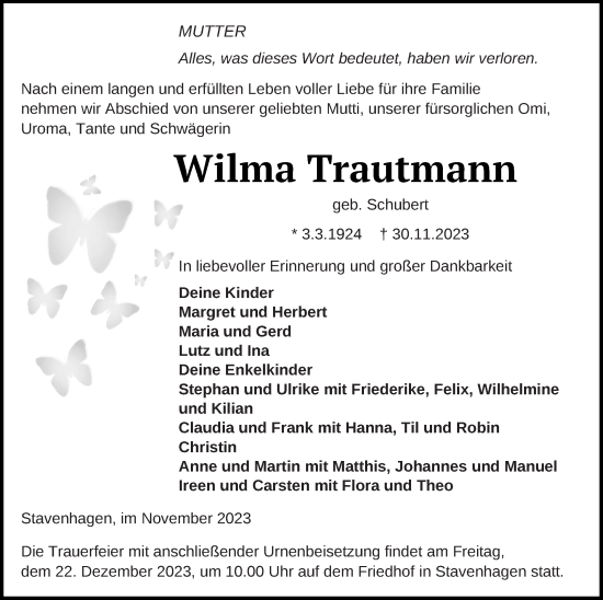 Traueranzeige von Wilma Trautmann von Mecklenburger Schweiz