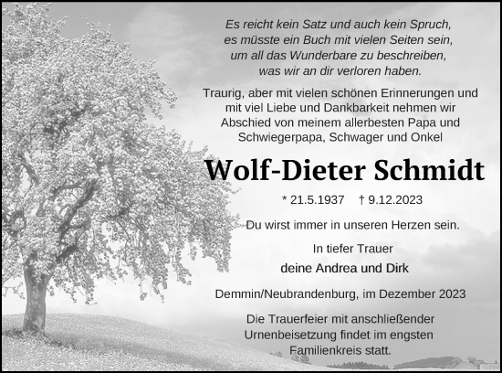Traueranzeige von Wolf-Dieter Schmidt von Demminer Zeitung