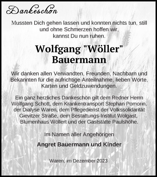 Traueranzeige von Wolfgang Bauermann von Müritz-Zeitung