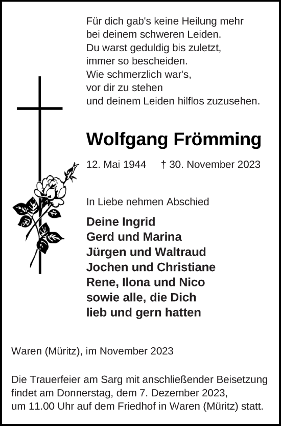 Traueranzeige von Wolfgang Frömming von Müritz-Zeitung
