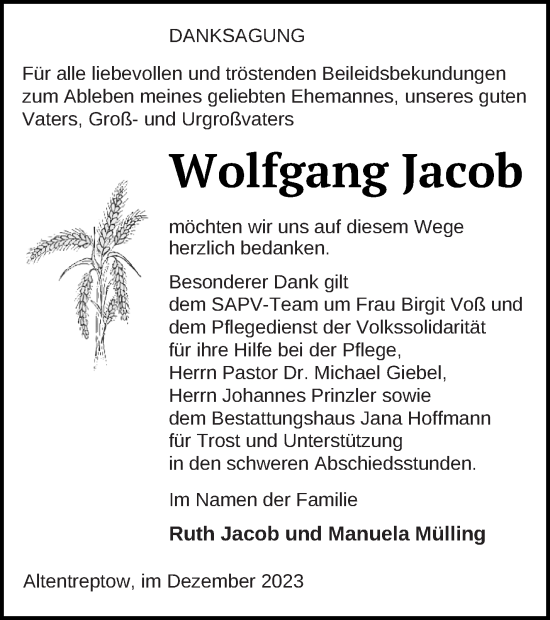 Traueranzeige von Wolfgang Jacob von Neubrandenburger Zeitung