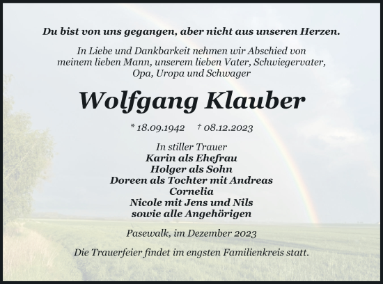 Traueranzeige von Wolfgang Klauber von Pasewalker Zeitung