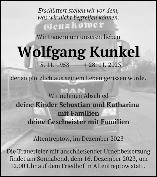 Traueranzeige von Wolfgang Kunkel von Neubrandenburger Zeitung