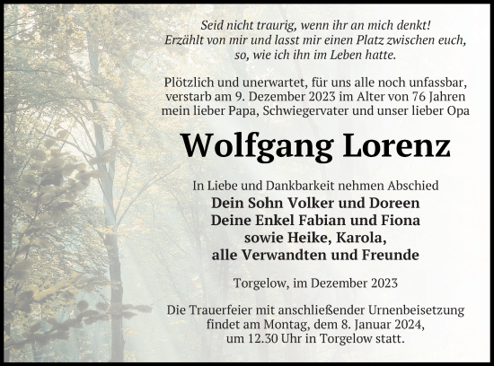 Traueranzeige von Wolfgang Lorenz von Haff-Zeitung