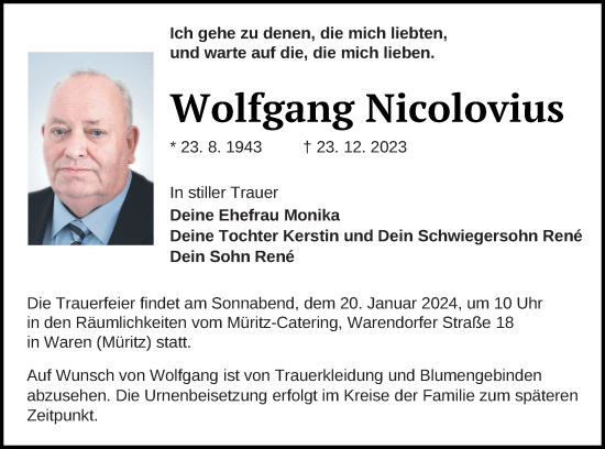 Traueranzeige von Wolfgang Nicolovius von Müritz-Zeitung