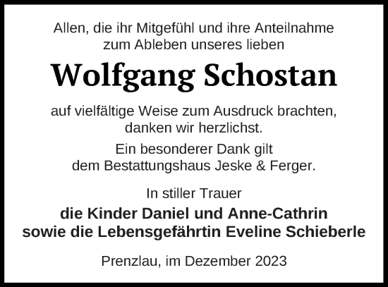 Traueranzeige von Wolfgang Schostan von Prenzlauer Zeitung
