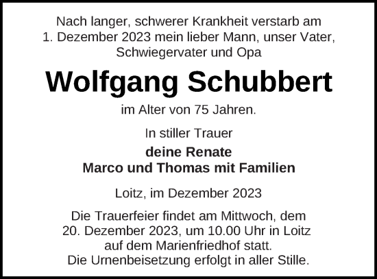 Traueranzeige von Wolfgang Schubbert von Vorpommern Kurier