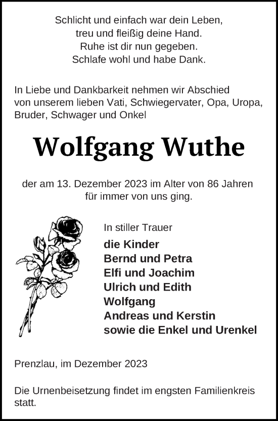 Traueranzeige von Wolfgang Wuthe von Prenzlauer Zeitung