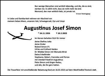 Traueranzeige von Augustinus Josef Simon von Norddeutsche Neueste Nachrichten