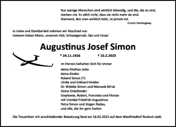 Traueranzeige von Augustinus Josef Simon von Norddeutsche Neueste Nachrichten