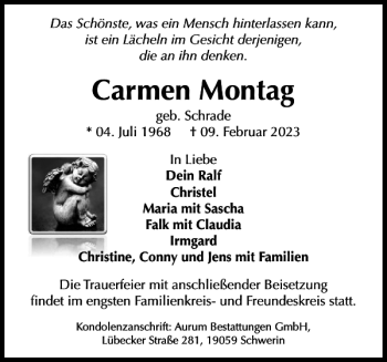 Traueranzeige von Carmen Montag von Zeitung für die Landeshauptstadt