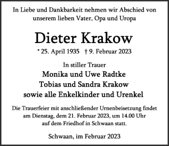 Traueranzeige von Dieter Krakow von Norddeutsche Neueste Nachrichten