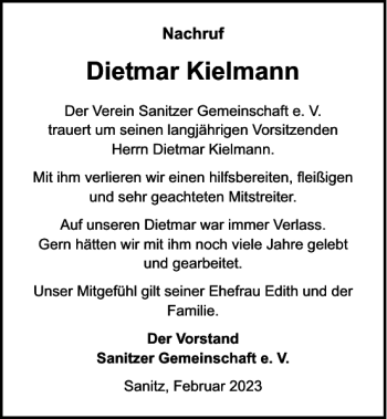 Traueranzeige von Dietmar Kielmann von Norddeutsche Neueste Nachrichten