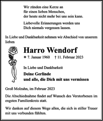 Traueranzeige von Harro Wendorf von Gadebusch-Rehnaer Zeitung