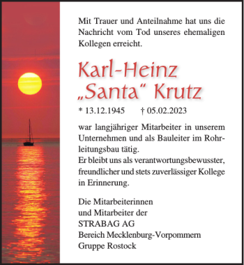 Traueranzeige von Karl-Heinz Santa Krutz von Norddeutsche Neueste Nachrichten