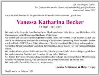 Traueranzeige von Vanessa Katharina Becker von Ludwigsluster Tageblatt