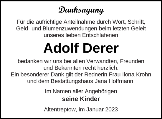 Traueranzeige von Adolf Derer von Neubrandenburger Zeitung