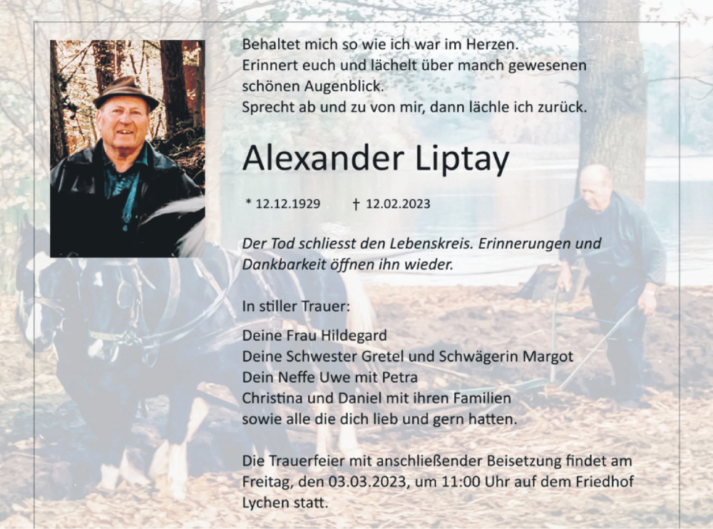  Traueranzeige für Alexander Liptay vom 21.02.2023 aus Templiner Zeitung