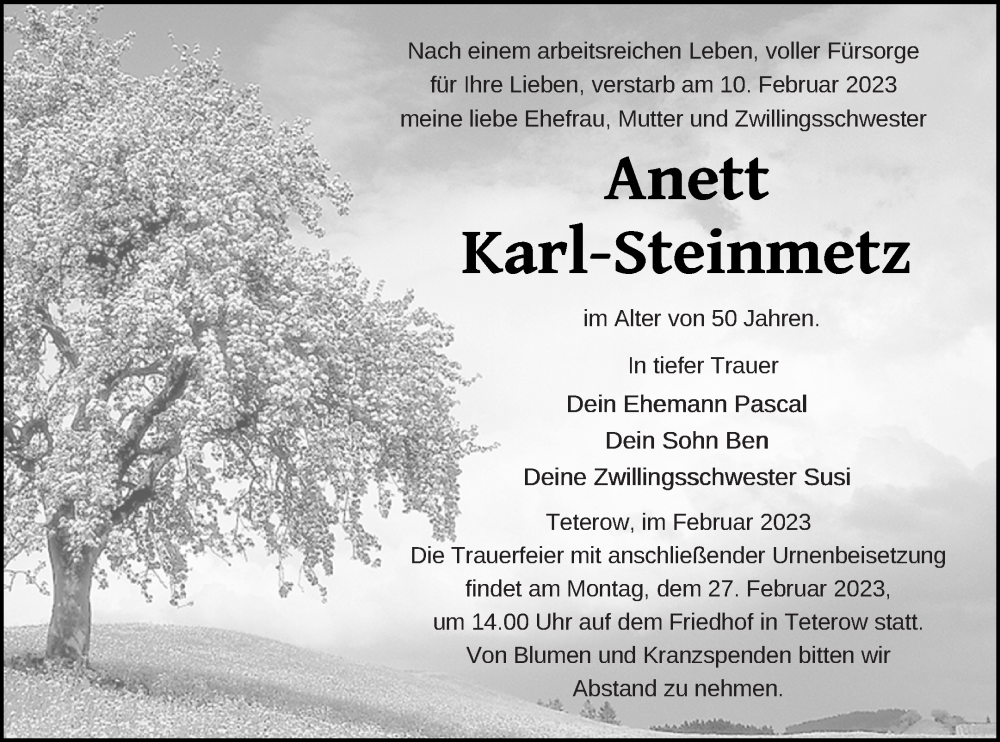  Traueranzeige für Anett Karl-Steinmetz vom 18.02.2023 aus Mecklenburger Schweiz