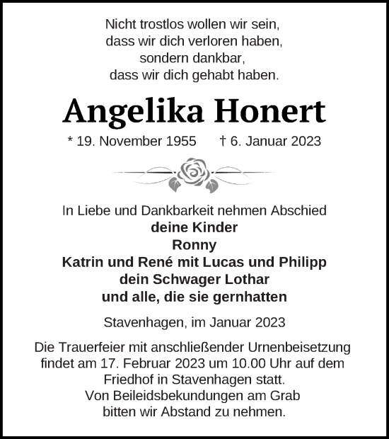 Traueranzeige von Angelika Honert von Mecklenburger Schweiz