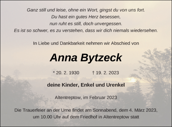 Traueranzeige von Anna Bytzeck von Neubrandenburger Zeitung