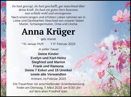 Traueranzeige von Anna Krüger von Vorpommern Kurier
