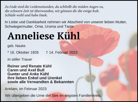 Traueranzeige von Anneliese Kühl von Vorpommern Kurier