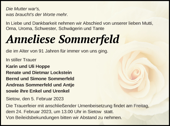 Traueranzeige von Anneliese Sommerfeld von Müritz-Zeitung