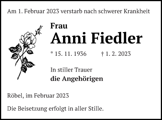 Traueranzeige von Anni Fiedler von Müritz-Zeitung