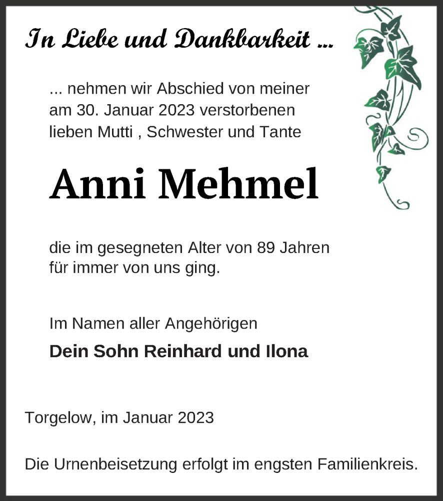  Traueranzeige für Anni Mehmel vom 03.02.2023 aus Haff-Zeitung
