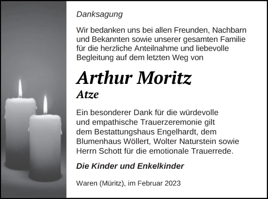 Traueranzeige von Arthur Moritz von Müritz-Zeitung