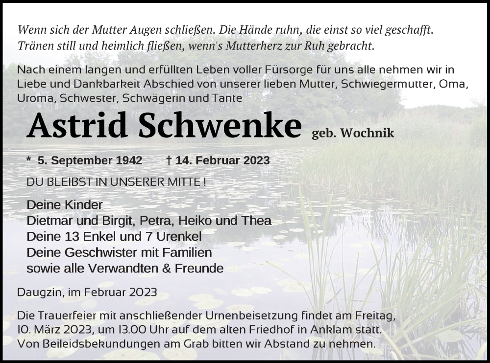  Traueranzeige für Astrid Schwenke vom 18.02.2023 aus Vorpommern Kurier