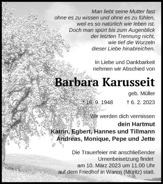 Traueranzeige von Barbara Karusseit von Neubrandenburger Zeitung