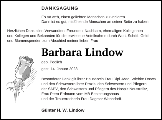 Traueranzeige von Barbara Lindow von Strelitzer Zeitung