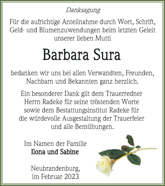 Traueranzeige von Barbara Sura von Neubrandenburger Zeitung