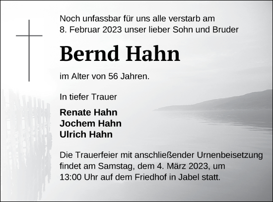 Traueranzeige von Bernd Hahn von Müritz-Zeitung