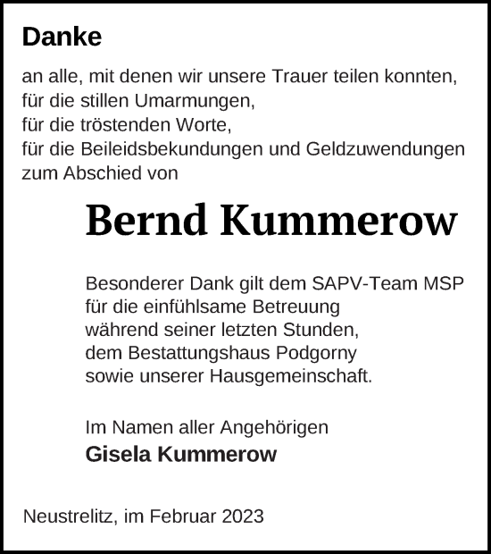 Traueranzeige von Bernd Kummerow von Strelitzer Zeitung