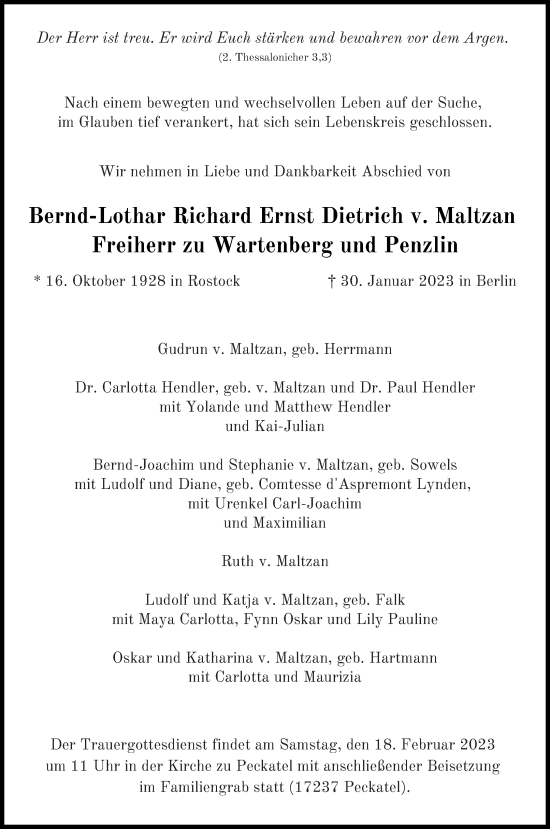 Traueranzeige von Bernd-Lothar v. Maltzan Freiherr zu Wartenberg und Penzlin von Strelitzer Zeitung