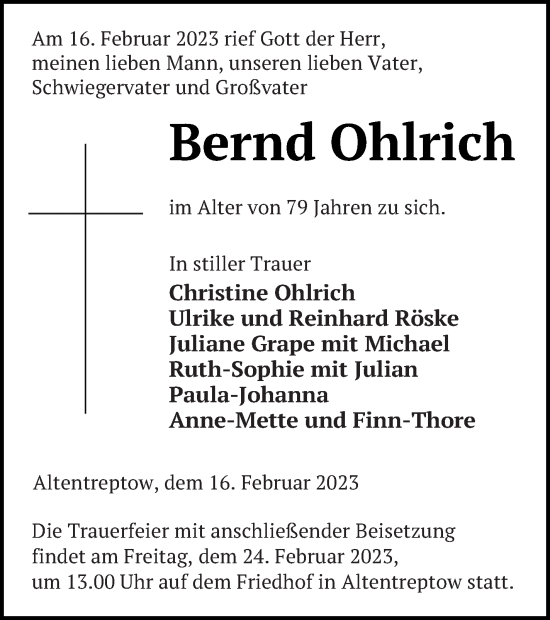 Traueranzeige von Bernd Ohlrich von Neubrandenburger Zeitung