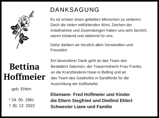 Traueranzeige von Bettina Hoffmeier von Haff-Zeitung