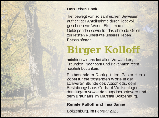 Traueranzeige von Birger Kolloff von Templiner Zeitung