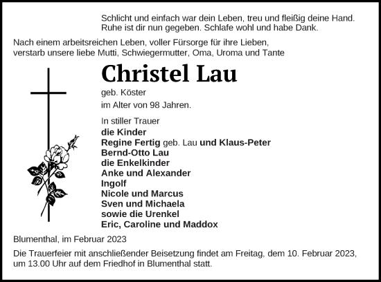 Traueranzeige von Christel Lau von Haff-Zeitung