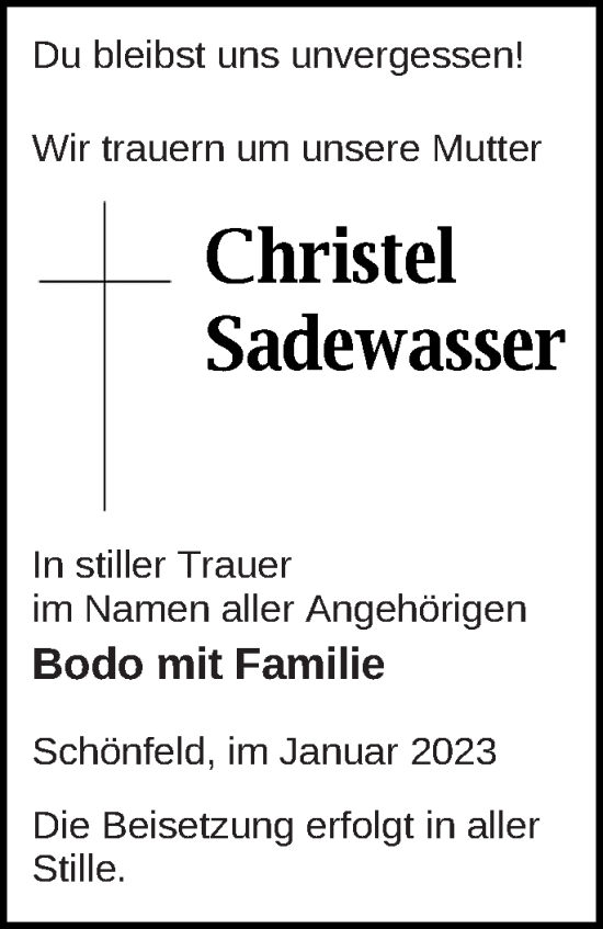 Traueranzeige von Christel Sadewasser von Demminer Zeitung