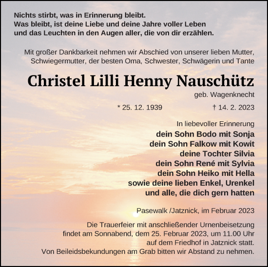 Traueranzeige von Christel Lilli Henny Nauschütz von Pasewalker Zeitung
