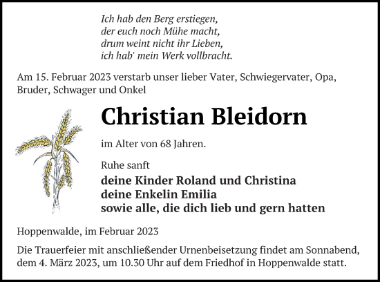 Traueranzeige von Christian Bleidorn von Haff-Zeitung